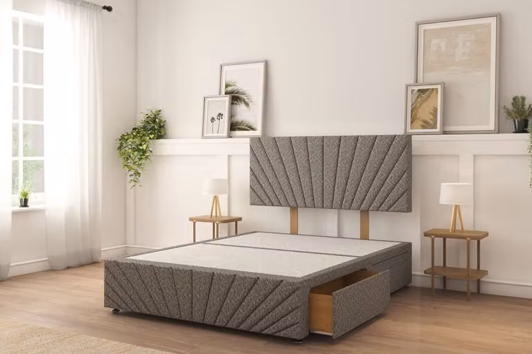 Sloomy Amberley Tweed Divan Bed Set in Light Grey with 2 Drawers (Left Side), 26 inch Strutted Headboard and 12 inch Matching Footboard, Small Double, W/D/H: 120 x 200 cm