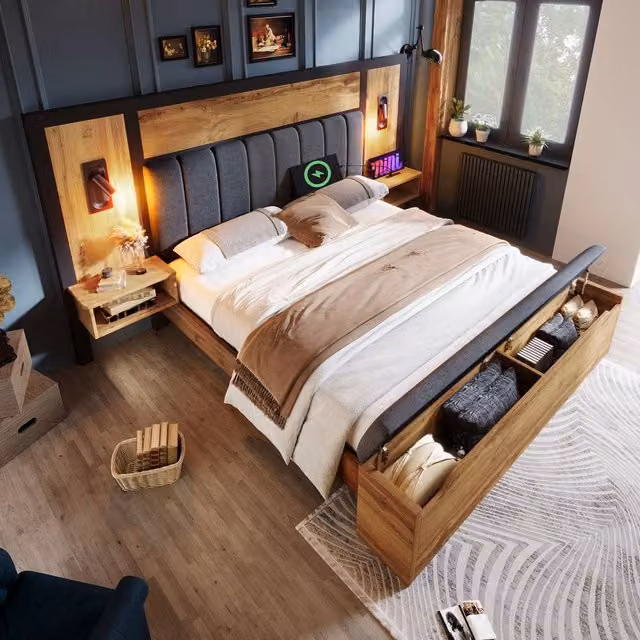 Merax Oak King Upholstered Bed in Grey with Lift-Up Storage, Integrated Reading Lights, Bedside Shelf and USB Charging Port, W/D/H: 150 x 200 cm – 1