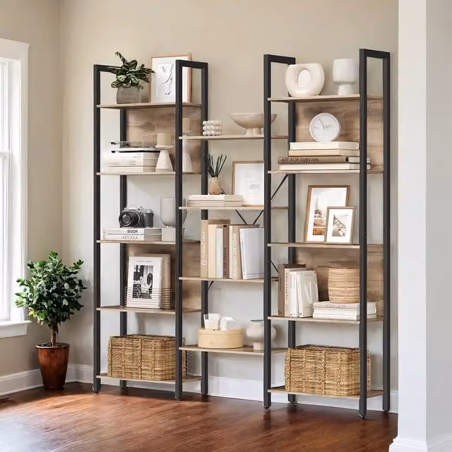 VASAGLE Industrial Bookcase with 14 Shelves and Metal Frame, Rustic Brown and Black