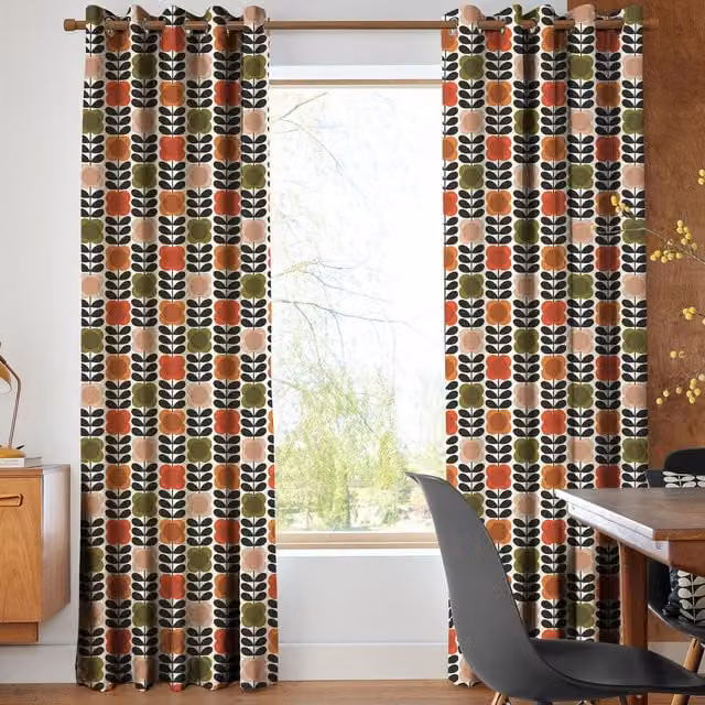 Orla Kiely Spot Flower Stem Made to Measure Blackout Eyelet Curtains in Tomato Pink and Multicolour Cotton