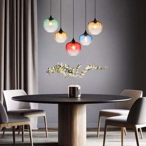 Globo Lighting Modern 5-Bulb Glass Pendant Light for Dining Rooms, Black with Multicolour Glass Shades, E27, Height Adjustable – 3