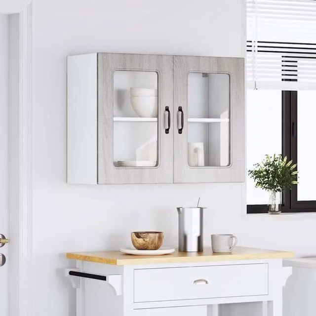 Berkfield Home Kalmar Wall Mounted Kitchen Cabinet with Glass Doors in Grey Sonoma Wood, H: 80 cm, W: 60 cm, D: 31 cm