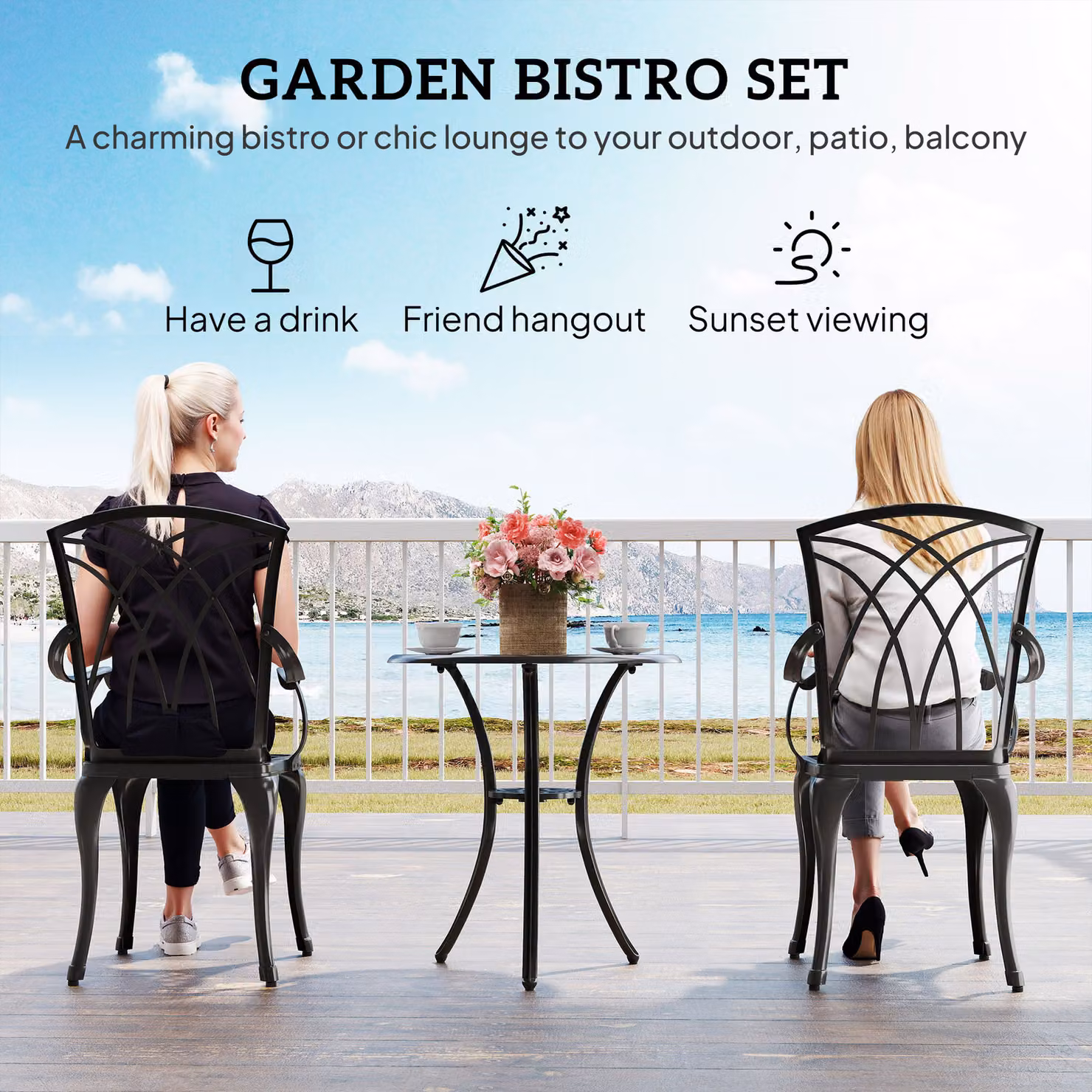 Outsunny 3 Piece Cast Aluminium Bistro Set with Round Coffee Table and 2 Chairs for Garden and Balcony – 4