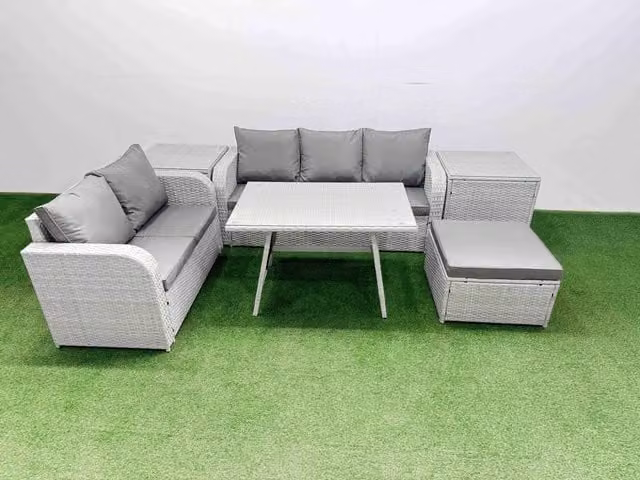 Fimous Rectangular Dining Table, Sofa, Stool and 2 Side Tables Set in Light Grey