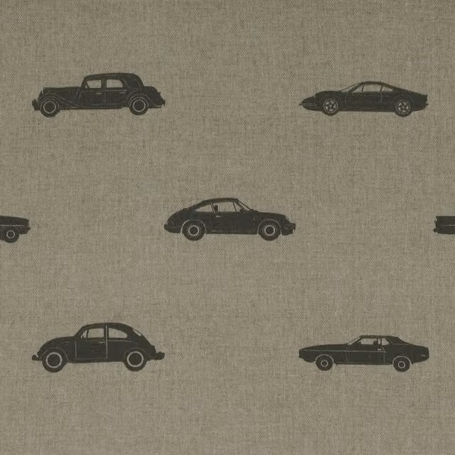 Ante Decor Vintage Cars Printed Cotton Linen Fabric in Charcoal Grey