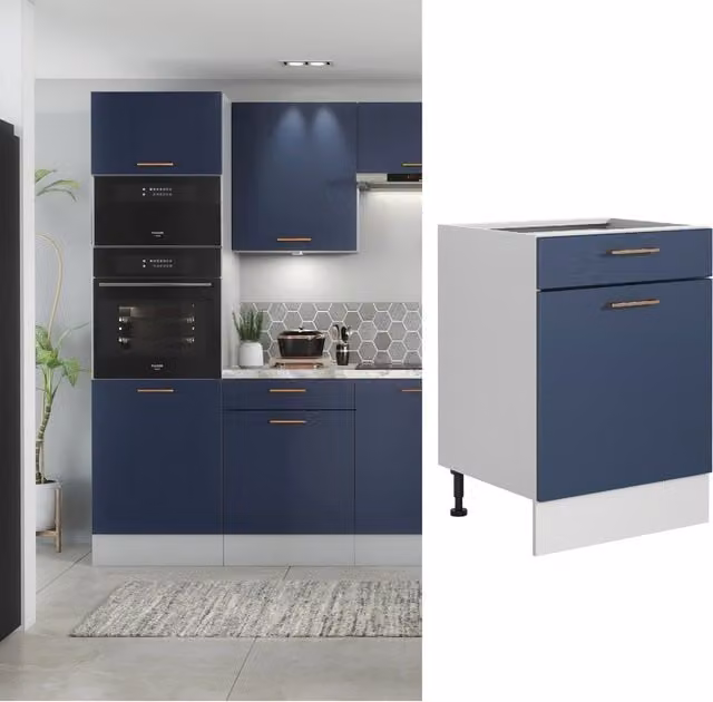 Impact Furniture NORA 600mm Kitchen Drawer Base Unit with Soft-Close Doors and Copper Handles, Navy Blue and Grey Matt