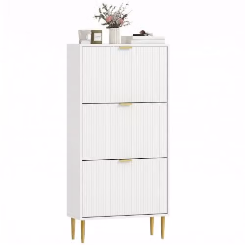 HOMCOM Modern Narrow Shoe Cabinet with 3 Tilting Drawers and Internal Shelves, White and Gold, H 122.5 x W 60.0 x D 24.0 cm