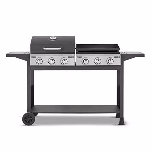 Tower Goucho 6 Burner Gas BBQ and Plancha with Precision Heat Thermometer and Waterproof Cover, Black, T978544 – 1