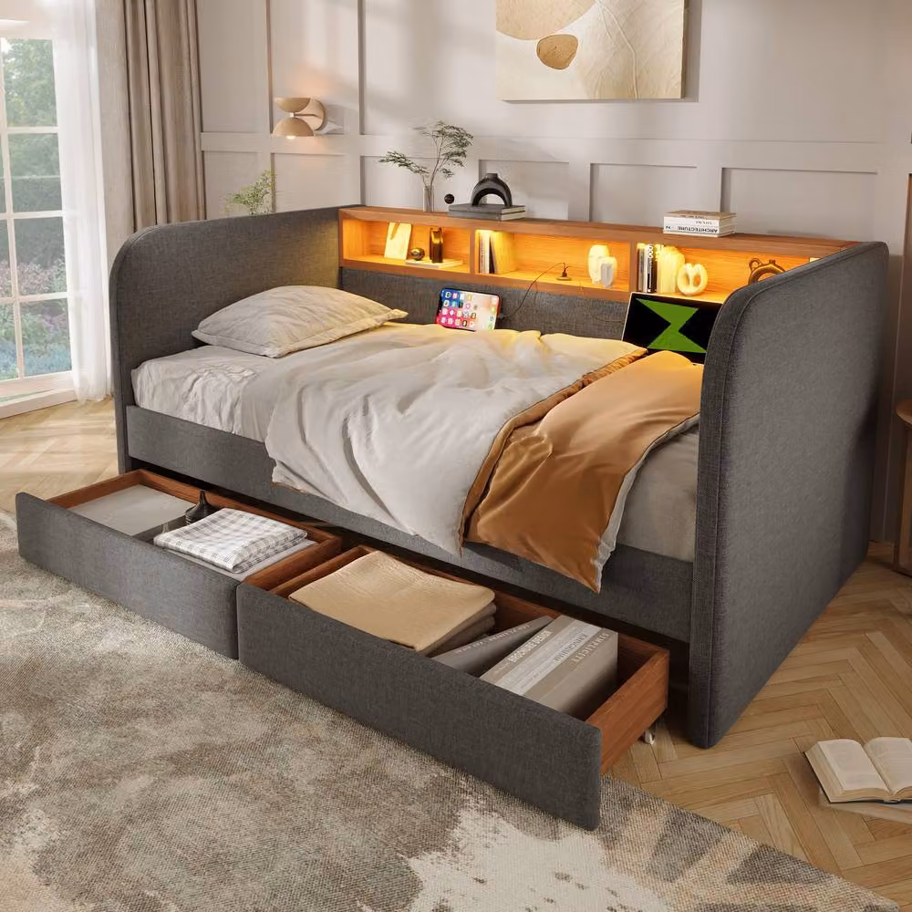 Merax Grey Upholstered Single Daybed with 2 Drawers, LED Lighting and USB Charging Ports, W/D/H: 90 x 190 x 90 cm – 5