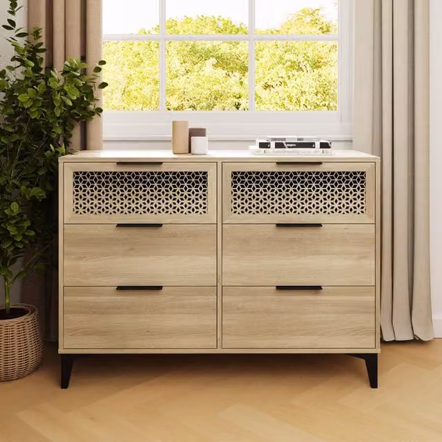GFW Ezra 6 Drawer Chest in Oak and Brown with Black Metal Accents