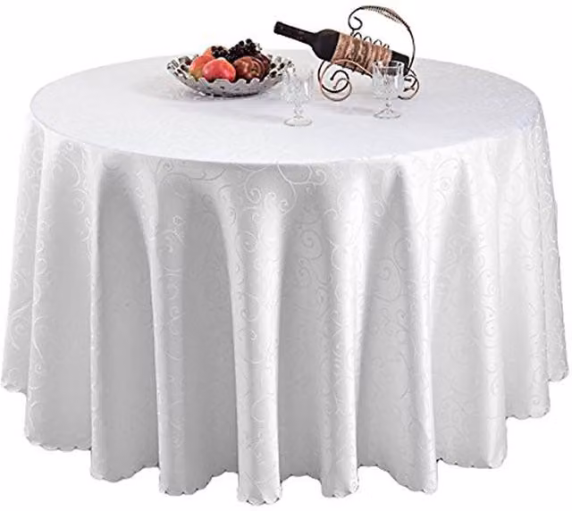 Neel Blue Round Damask Polyester Tablecloth with Swirl Pattern, 10-Piece Set in White and Blue, Diameter: 228.6 cm