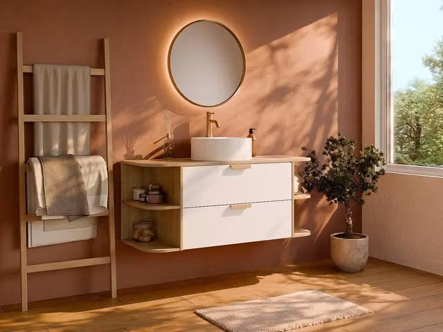 Vente-unique Avoreli Wall Mounted Bathroom Vanity Unit with Round Countertop Basin and Niches in White and Light Oak, L 120 cm