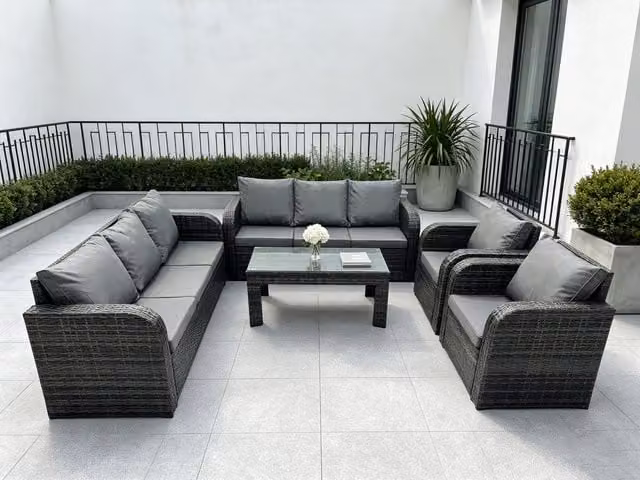 Fimous 8 Seater Grey PE Rattan L-Shape Garden Lounge Set with Reclining Sofa, Coffee Table and Upholstered Cushions