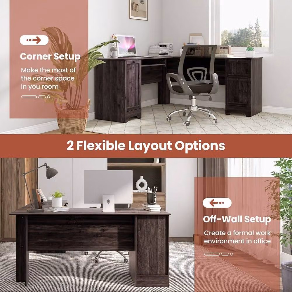 Costway L-Shaped Corner Computer Desk Study Workstation with Cabinet and Drawers in Dark Brown – 7