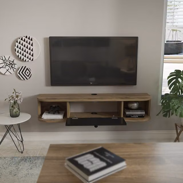 Decorotika Ibarra Wall Mounted Floating TV Unit in Black and Grey with Abstract Pattern