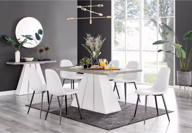 FurnitureboxUK Athens Grey Concrete Effect Rectangular Dining Table and 6 Corona Black Leg Chairs in White