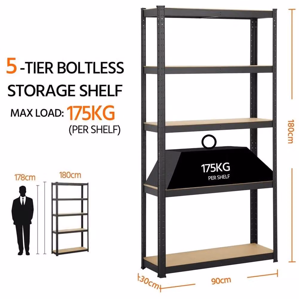 KORVIXA Black 5-Tier Adjustable Garage Shelving Unit with Metal and MDF Shelves, H 180 cm x W 90 cm x D 60 cm – 2