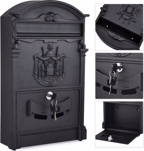 FORGEVIO Retro Outdoor Lockable Secure Mail Letter Post Box, Black, W/D/H: 50 x 42 x 50 cm – 1