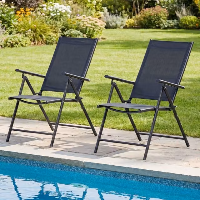 Gymax 2 Pack Black Adjustable High Back Folding Patio Recliners with Metal Frame and Textilene Fabric