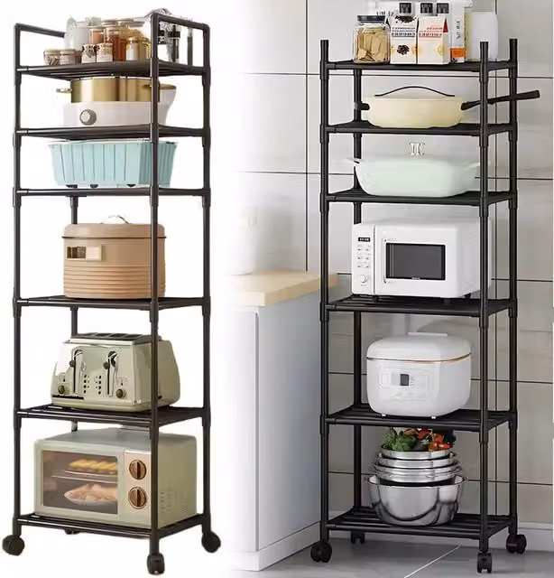 EONLION 6 Tier Metal Storage Shelf with Wheels in Black