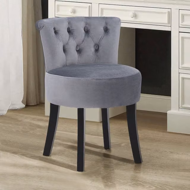 Livingandhome Modern Grey Velvet Buttoned Dressing Table Stool with Wood Legs