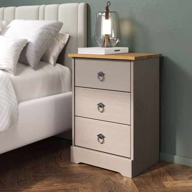 Corona Classic Grey Pine 3 Drawer Bedside Cabinet Storage Unit in Grey Washed Wax