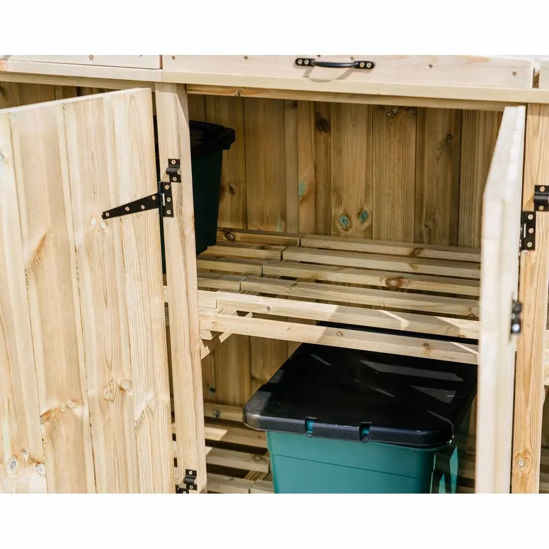 Buttercup Farm Chatburn Brown Wooden Bin Store with Shelving for 1x 180L/240L Wheelie Bins and 8x Boxes – 5