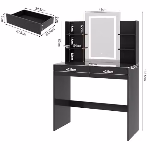 MCC Direct Texas Dressing Table with LED Hollywood Mirror and Drawers, Black, W/D/H: 135.5 x 90 x 40 cm – 2