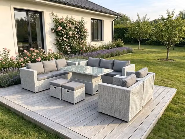 Fimous Rattan Garden Furniture Set in Light Grey with Height Adjustable Lifting Table, 3-Seater Sofa, Coffee Table and Ottoman