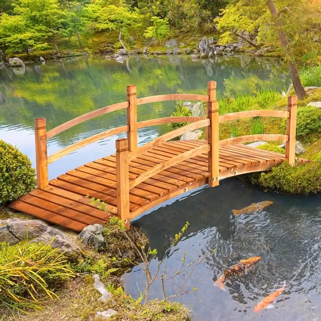 Outsunny Classic Arc Wooden Garden Bridge with Safety Railings, Orange