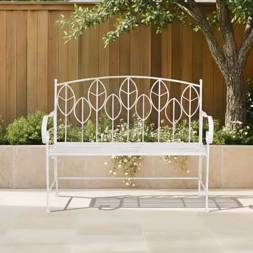 Charles Bentley White Rustic Metal Garden Bench with Floral Leaf Design – 1