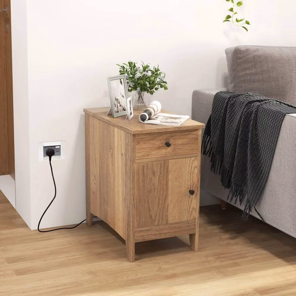 FORGEVIO Narrow Nightstand End Table with Charging Station in Natural Wood and Metal Finish – 5