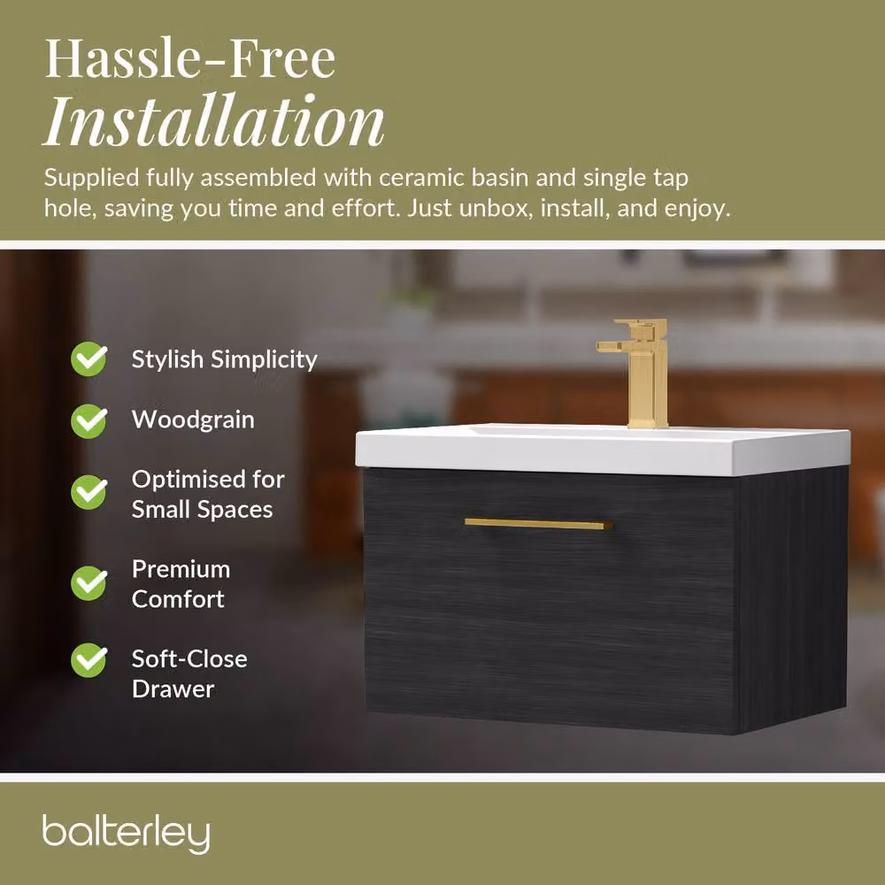 Balterley 600mm Wall Hung 1 Drawer Vanity Unit in Woodgrain Black with Black Brass Handle – 4