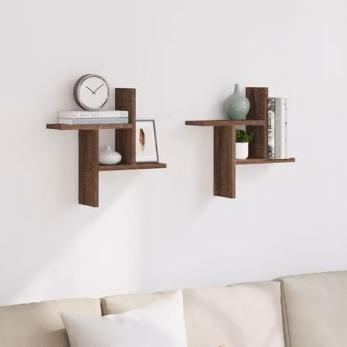 vidaXL Set of 2 Modern Wall Mounted Shelves in Brown, W/D/H: 38 x 12 x 38 cm – 2