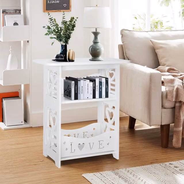 Livingandhome 2-Tier Modern White Plastic Side Table for Bedroom and Living Room
