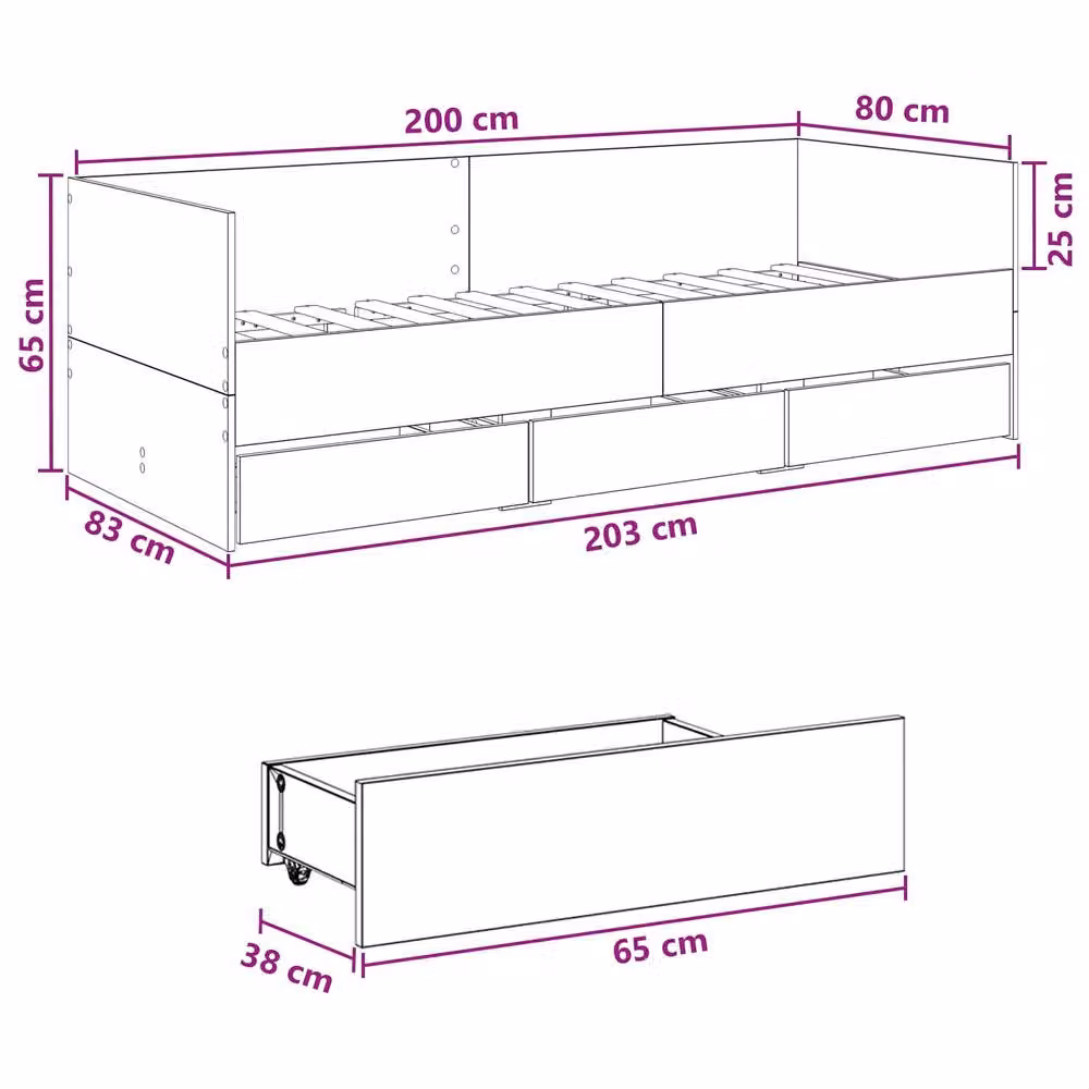 Berkfield Home Modern Bed Frame with Storage Drawers in Black Oak, W/D/H: 200 x 80 x 65 cm – 5