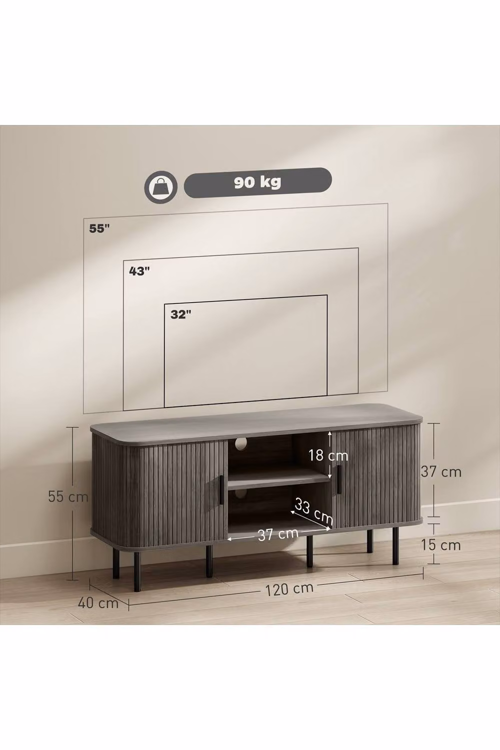 ERGOVEXA Mid-Century Grey TV Stand Cabinet for TVs up to 55 Inches, W/D/H: 120 x 40 x 40 cm – 2