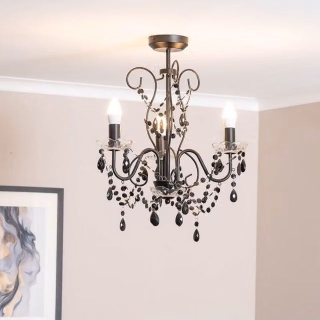 ValueLights Viscount 3 Way Jewel Chandelier Crystal Ceiling Pendant Light in Black
