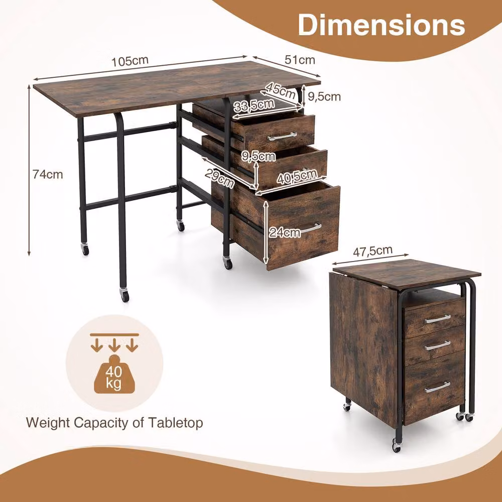 Costway Folding Computer Desk with 3 Drawers in Brown – 2