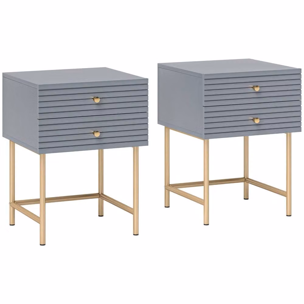 Wyld Haus Lika Set of 2 Grey and Gold Bedside Tables with Ribbed Drawers – 2