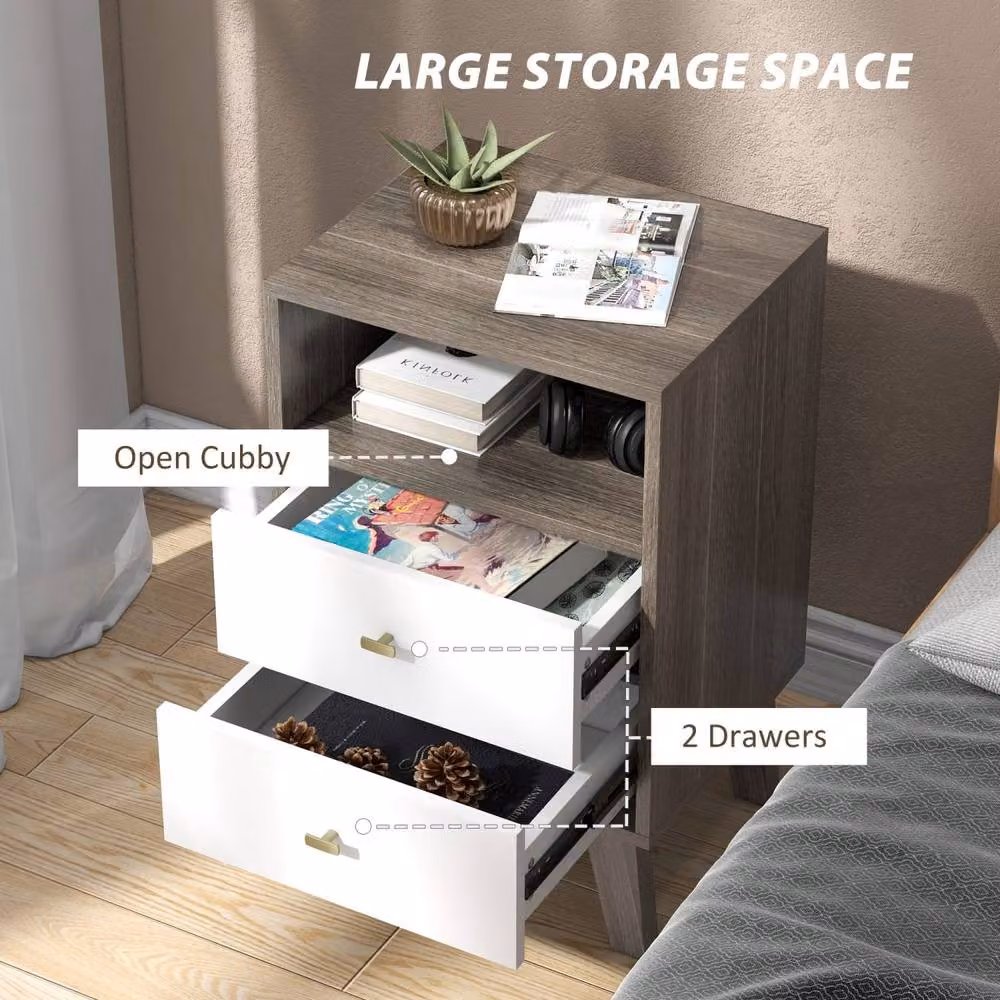 Wyld Haus Cosana Scandinavian Bedside Table with Drawers and Open Shelf in Grey and White – 5
