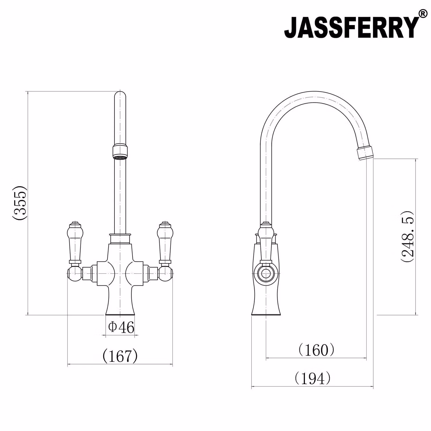 JASSFERRY Kitchen Mixer Tap with White Ceramic Dual Handles in Silver and Chrome – 2