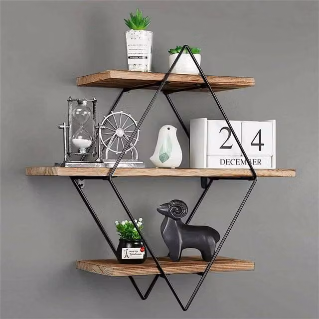 EONLION 3 Tier Diamond Geometric Floating Shelf with Metal Frame, Brown, Width: 50 cm – 1