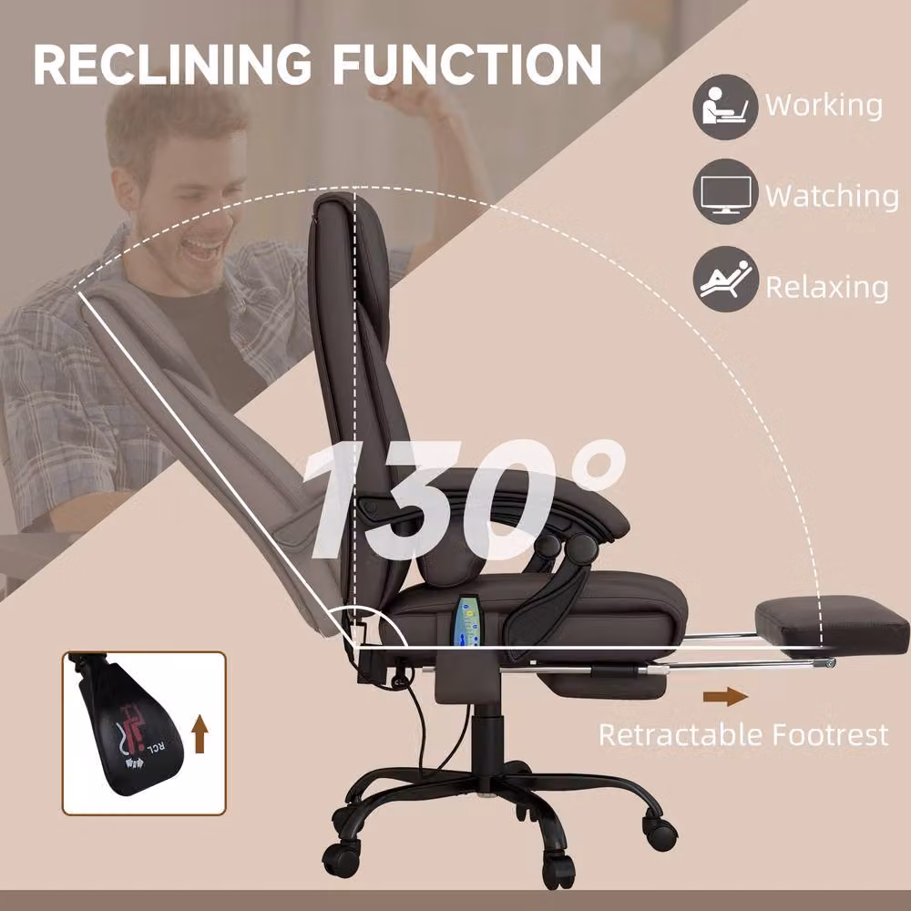 Rolipo Brown PU Leather Executive Office Chair with 6-Point Massage, Footrest and Headrest – 8