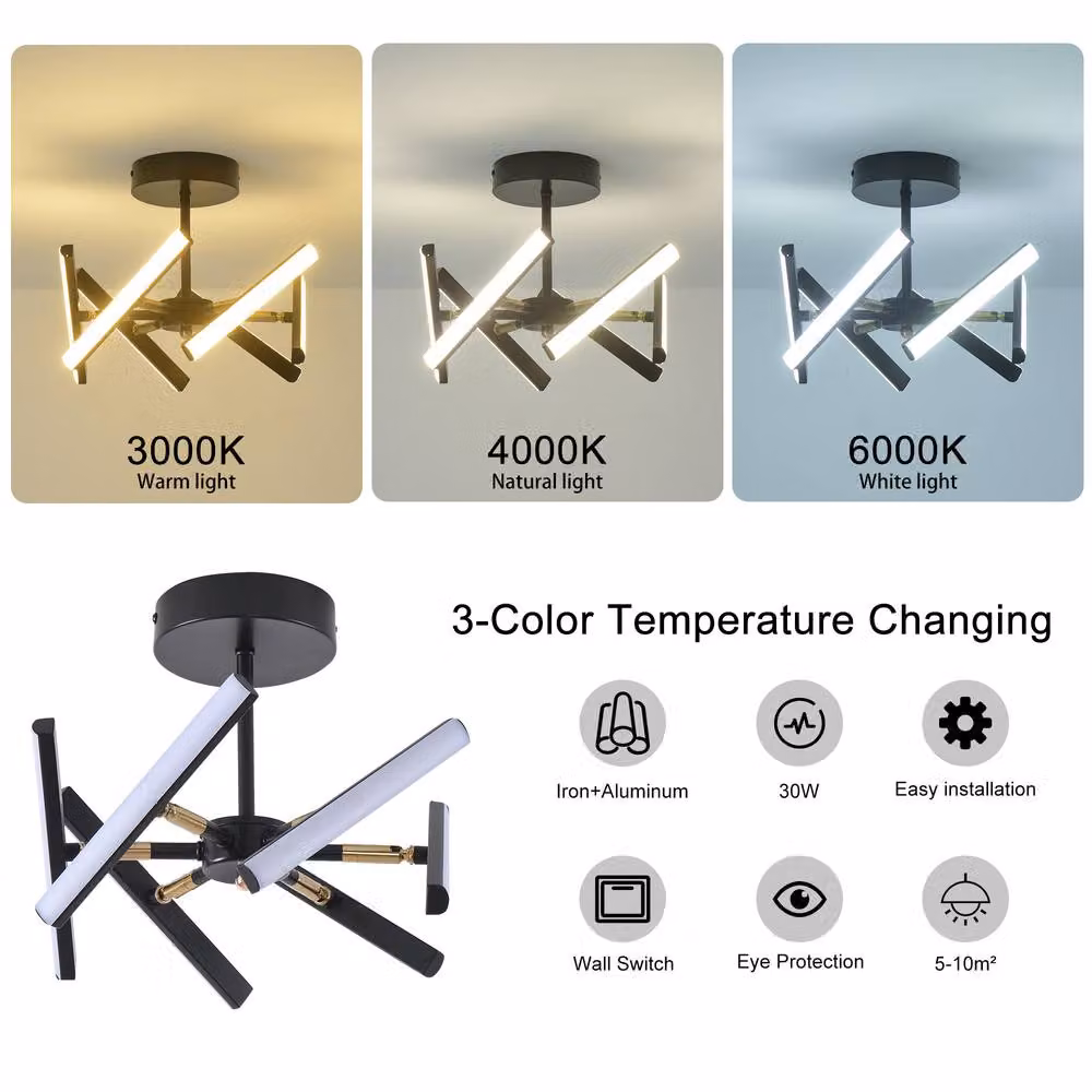 NIVOR 6 Light Sputnik LED Ceiling Chandelier in Black with Adjustable Rod and 3 Colour Settings – 3