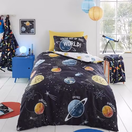 Bedlam Reversible Glow in the Dark Outer Space Duvet Cover and Pillowcase Set, Black, W/D/H: 200 x 200 cm – 2