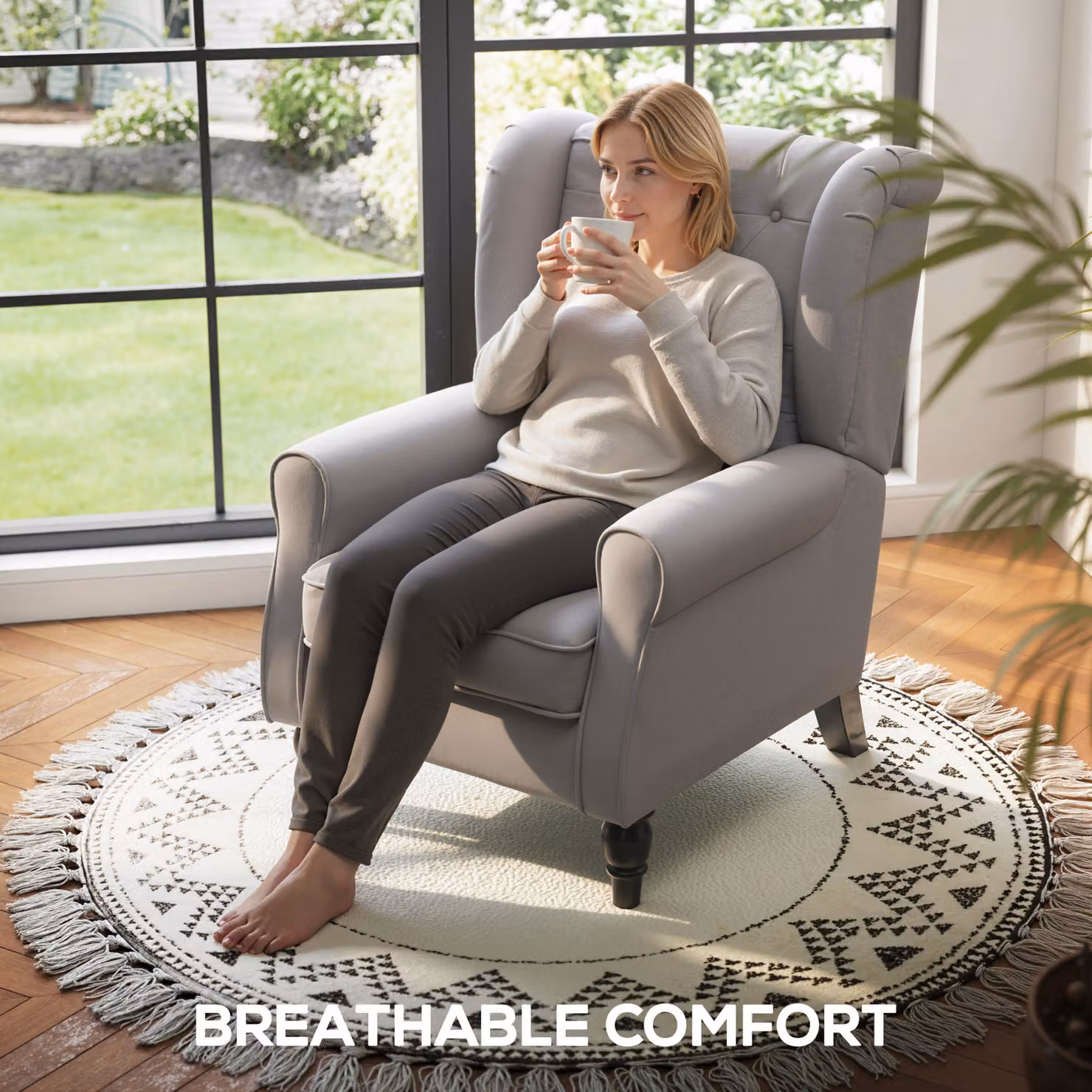 HOMCOM Grey Retro Wingback Armchair with Button Tufting and Solid Wood Frame – 5