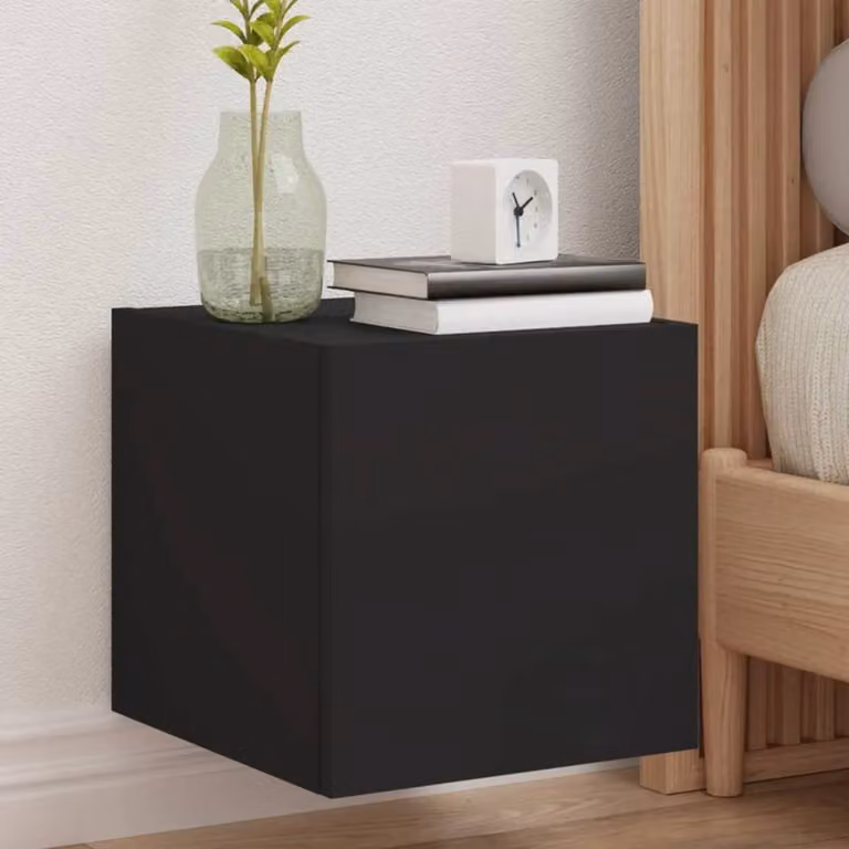 Berkfield Home Set of 2 Modern Black MDF TV Wall Cabinets with LED Lights, W/D/H: 35 x 30.5 x 30 cm