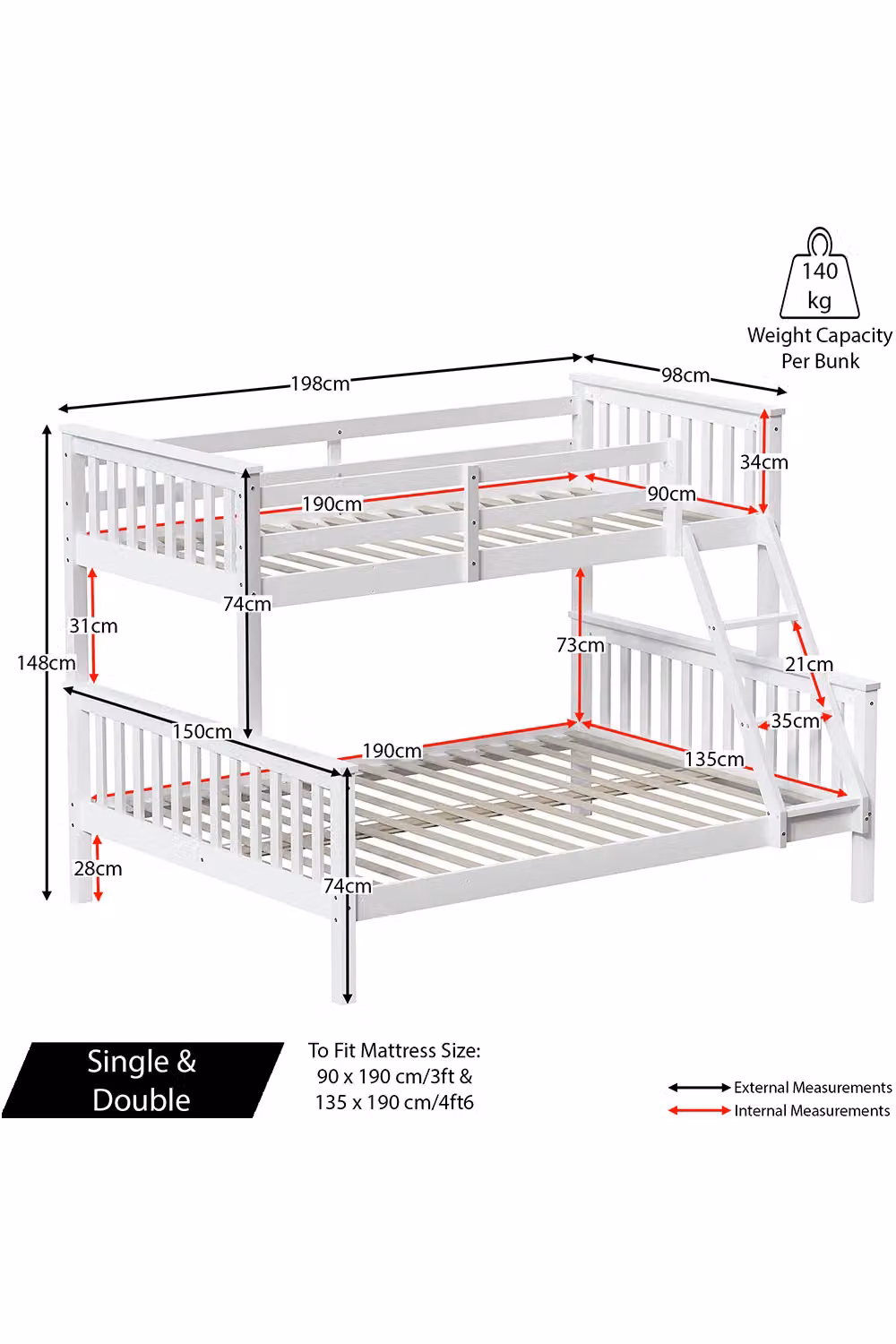 Vida Designs Milan Triple Sleeper Detachable Bunk Bed Frame in White, Single Size (90 x 190 cm) – 2