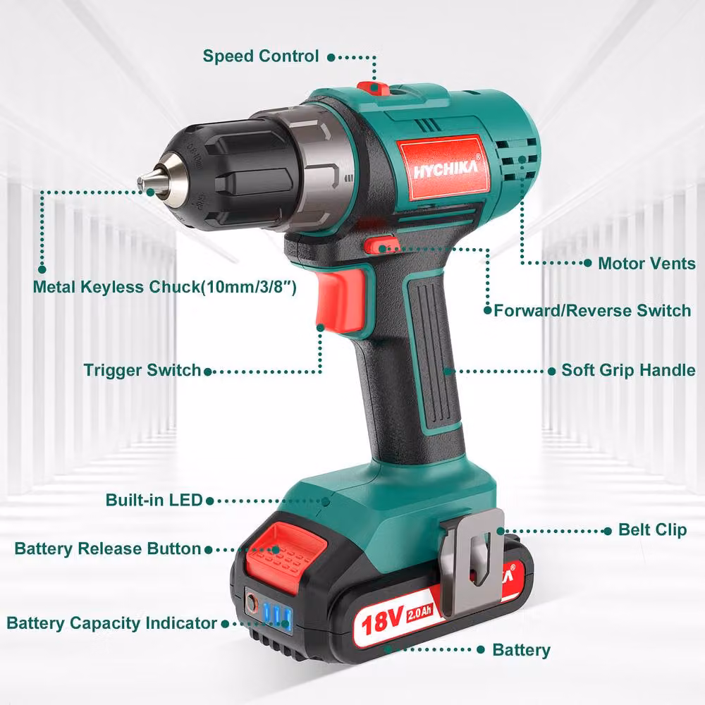 HYCHIKA 18V Cordless Drill Driver with 1.5Ah Rechargeable Battery, 45Nm, 2 Speed, Green – 2